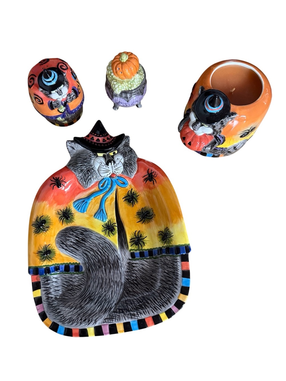 Fitz & Floyd Halloween Kitty Witches Set Canipe Plate Slat Pepper Candle Cats